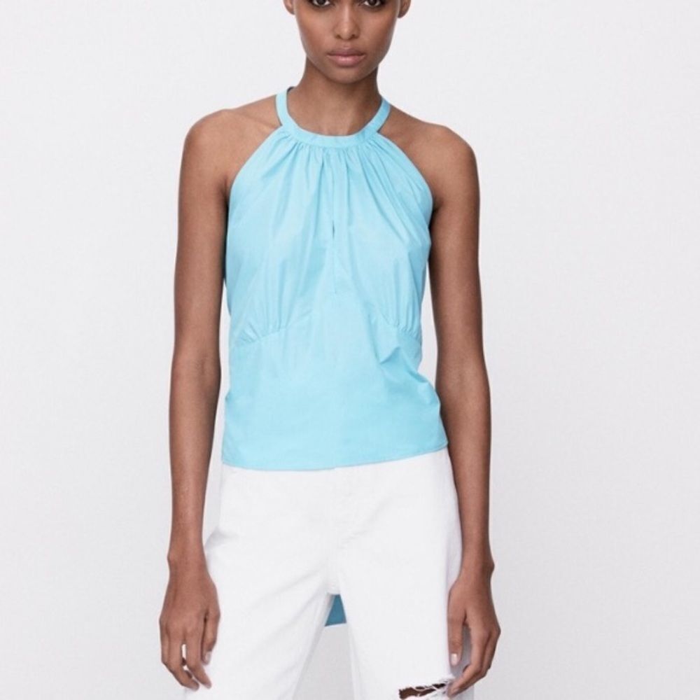 Zara Halter Bow Tie Back Powder Blue Front Slit Top Size Small - Picture 3 of 9